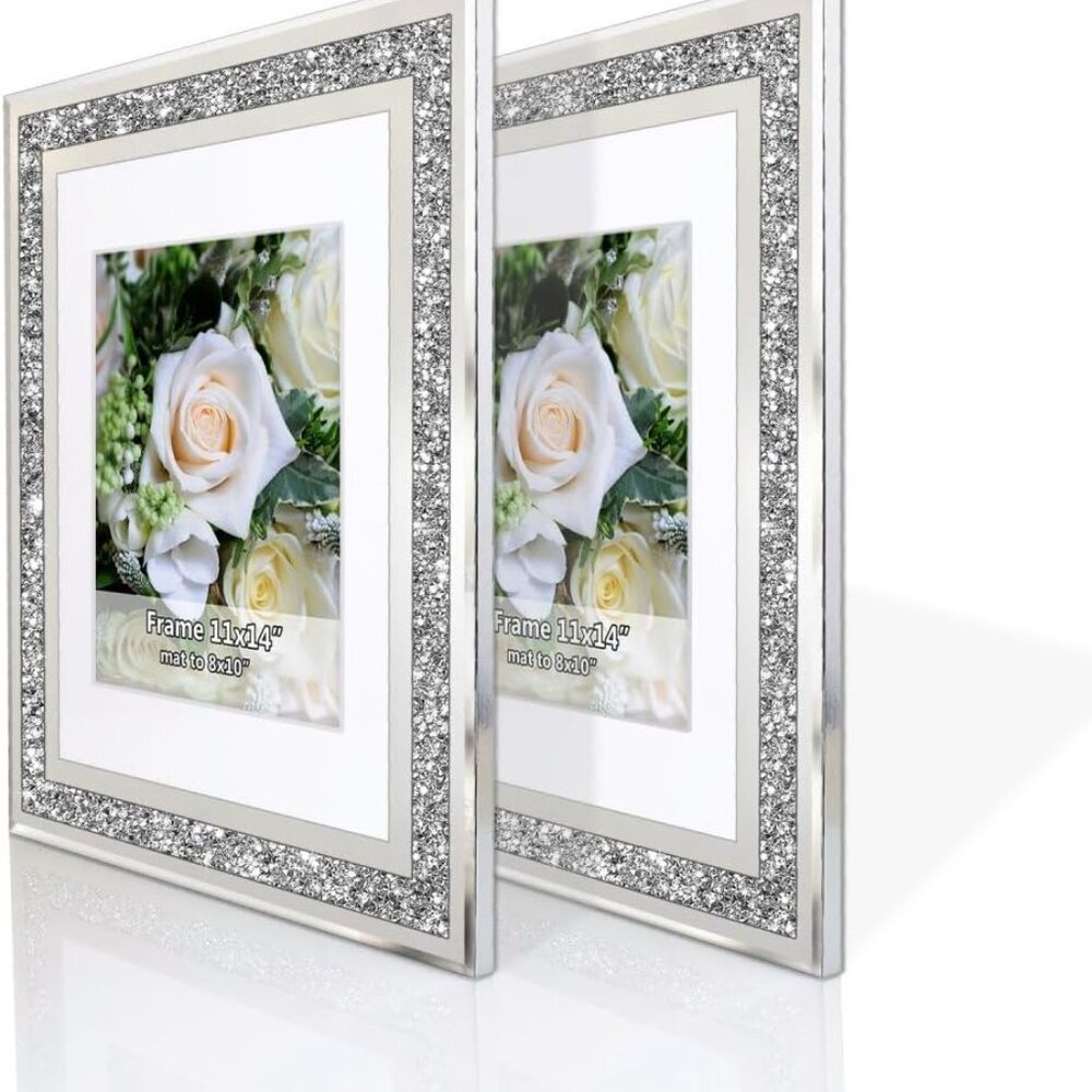 Crushed Diamond Wedding Mirror Photo Frame, Crystal Silver Glass Picture Frame F - Picture 2 of 7